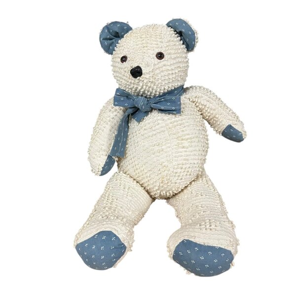 Vintage Handmade Chenille Teddy Bear With Blue Accents & Bow‎ Rescue Stuffy - Picture 3 of 5
